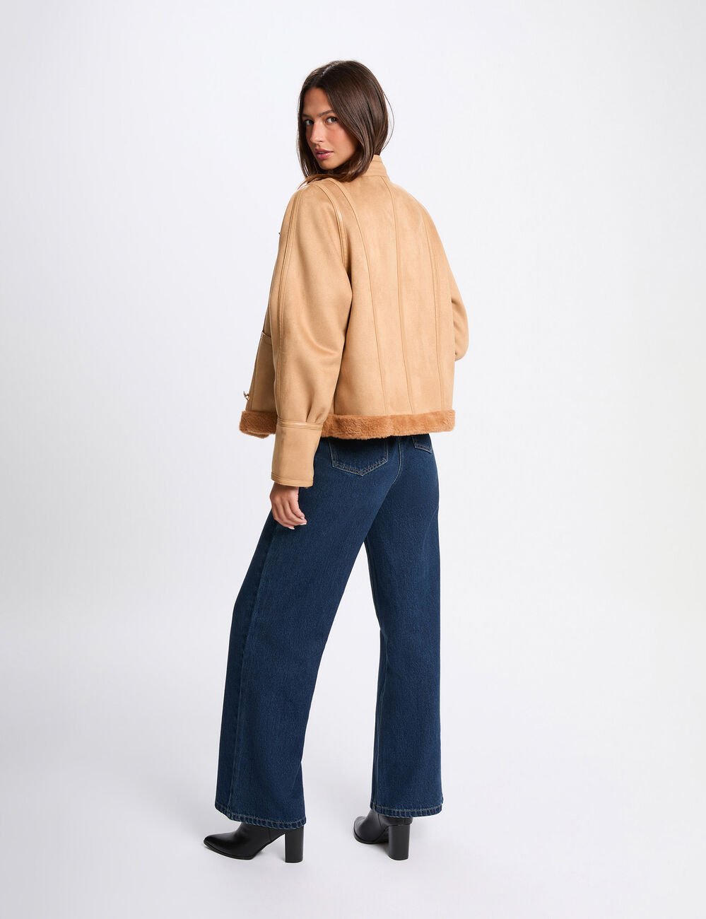 Veste courte peau lainée marron cognac femme