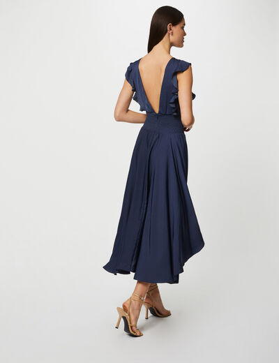 Robe longue évasée à taille smockée indigo femme