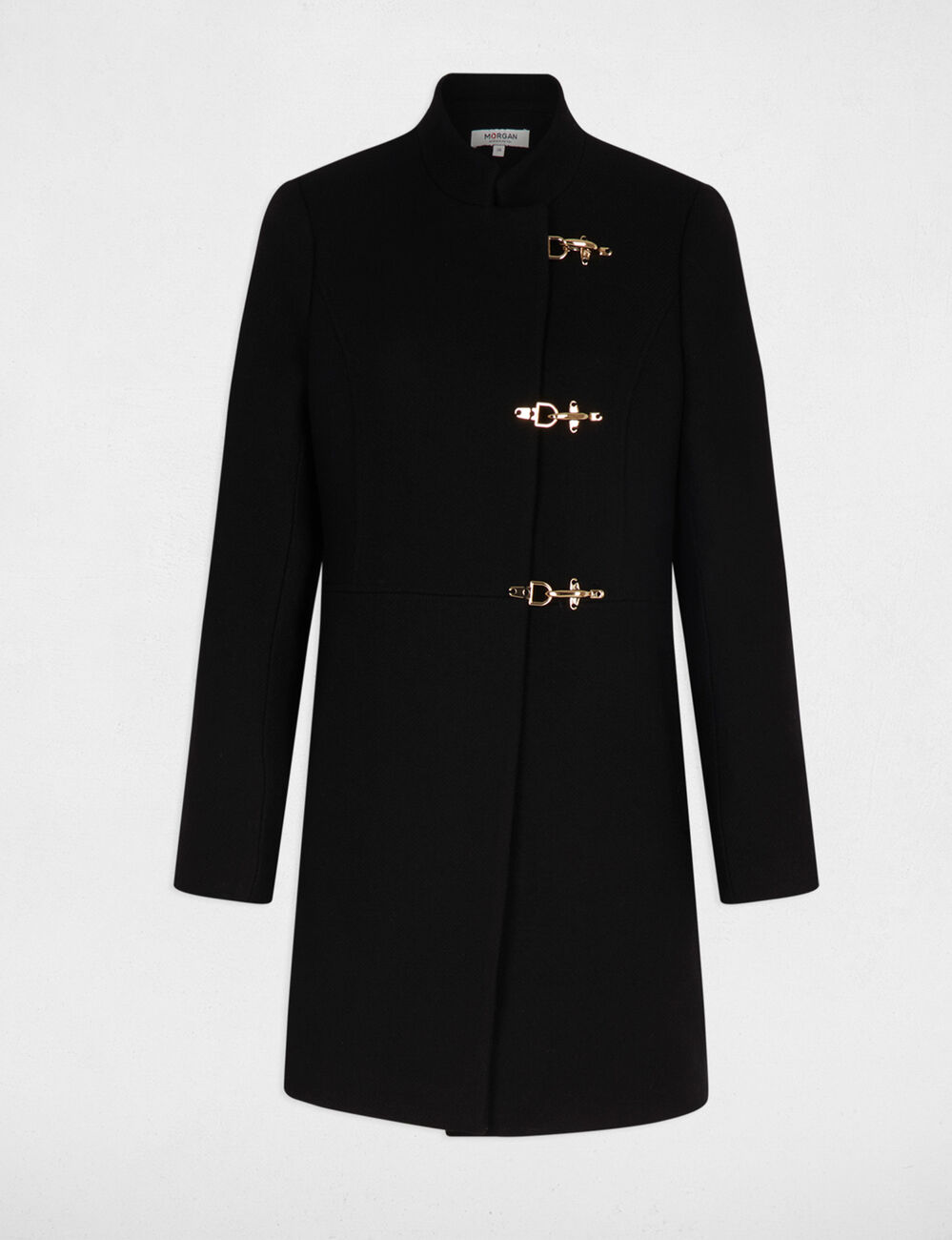 Manteau cintré col montant noir femme