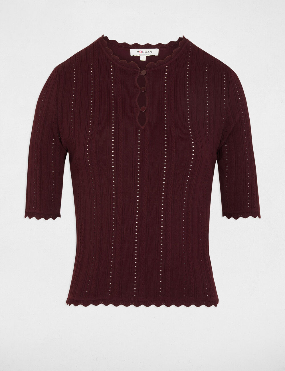 Pull ajouré manches 3/4 prune femme