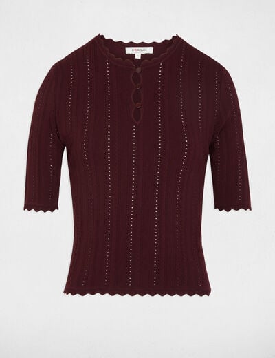 Pull ajouré manches 3/4 prune femme