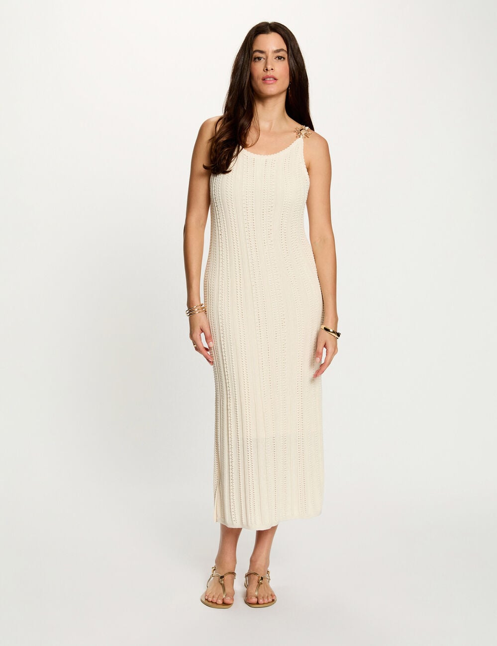 Robe tricot brod&eacute;e ivoire femme