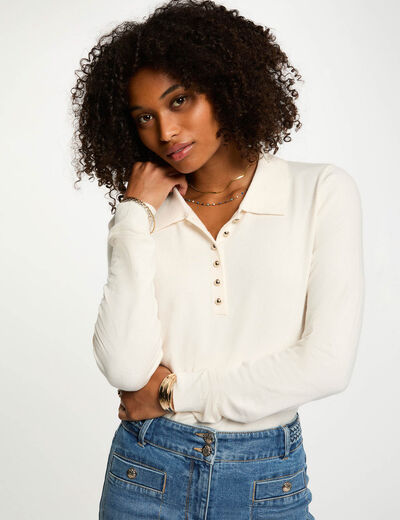 Pull col polo manches longues ivoire femme