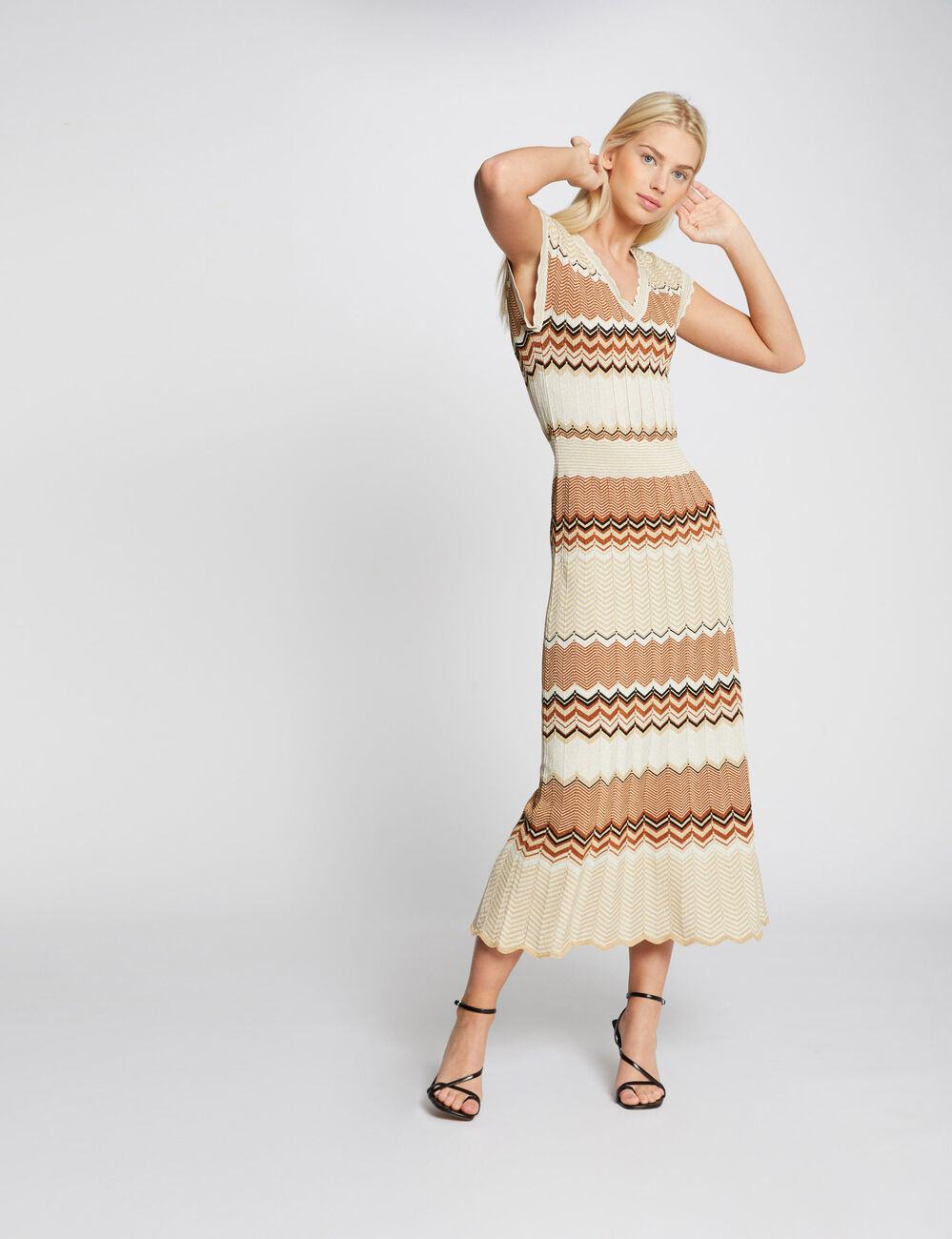 Robe pull longue droite &agrave; rayures marron cognac femme