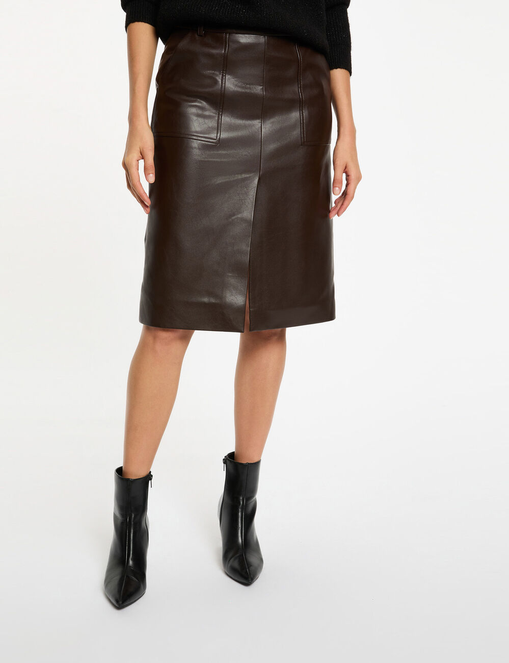 Jupe ajustée simili cuir marron foncé femme