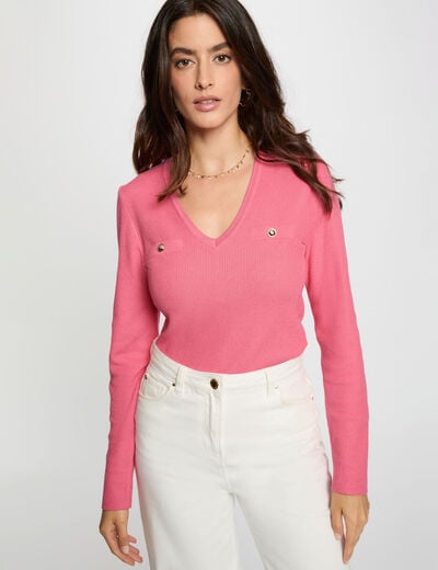 Pull ajusté col v rose fushia femme
