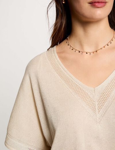 Trui V-hals en korte mouwen ivoor vrouw