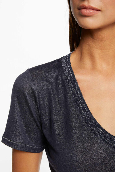T-shirt manches courtes col en V marine femme