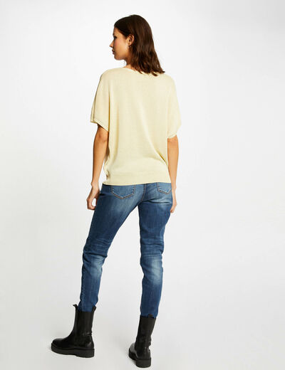 Pull manches courtes avec boutons jaune paille femme