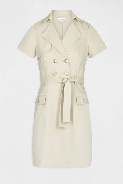Robe droite boutonnée ceinturée beige femme