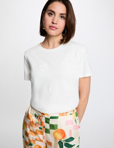 Geborduurd T-shirt met ronde hals helder wit vrouw