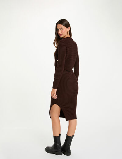 Robe tricot cintr&eacute;e manches longues marron fonc&eacute; femme