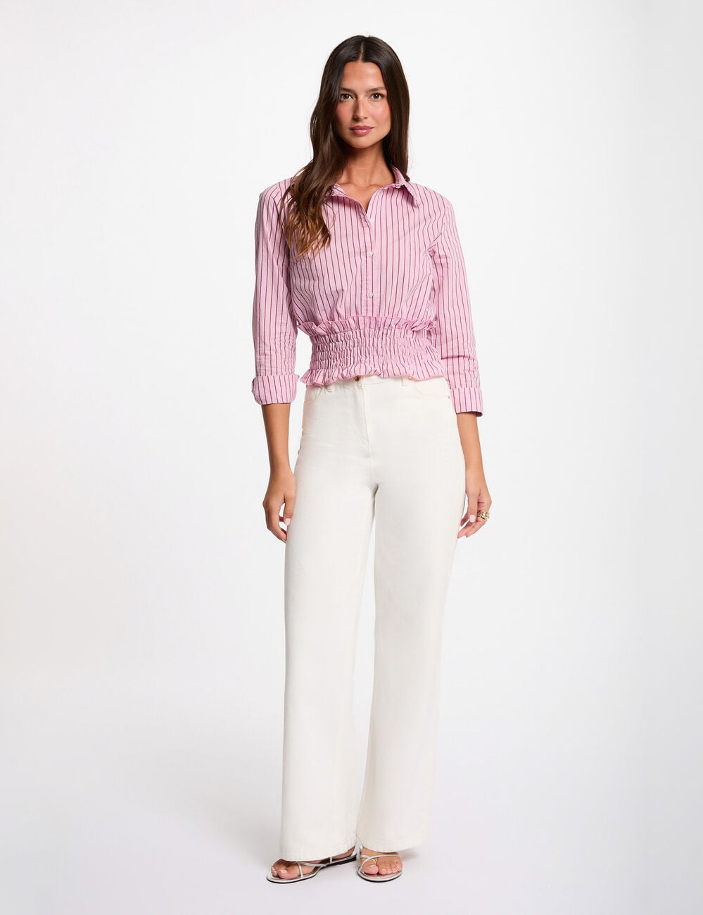 Chemise ray&eacute;e col &agrave; revers rose femme