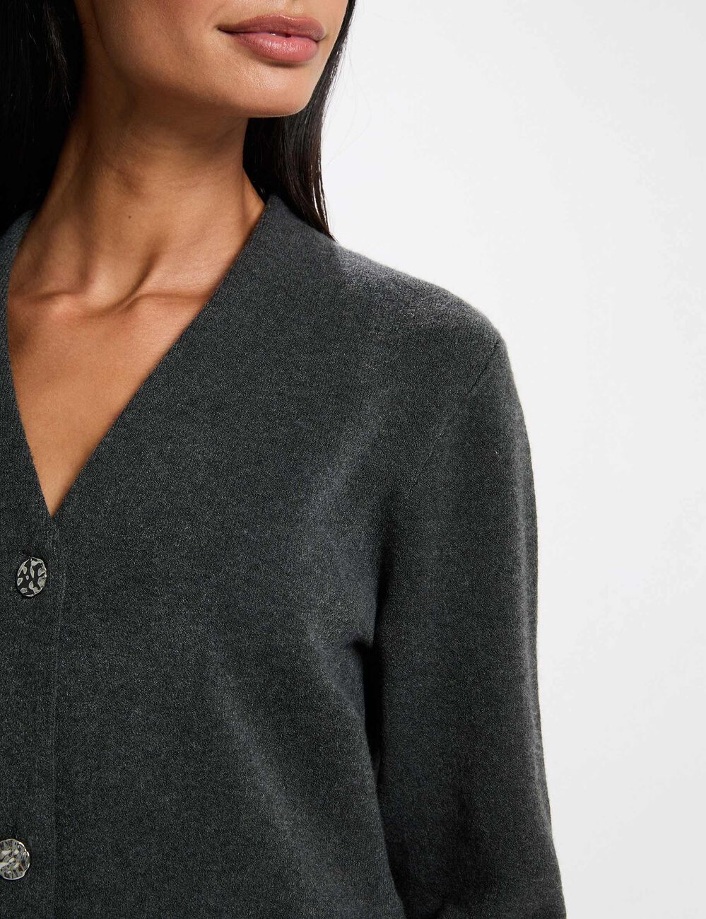 Gilet tricot col v gris fonc&eacute; femme