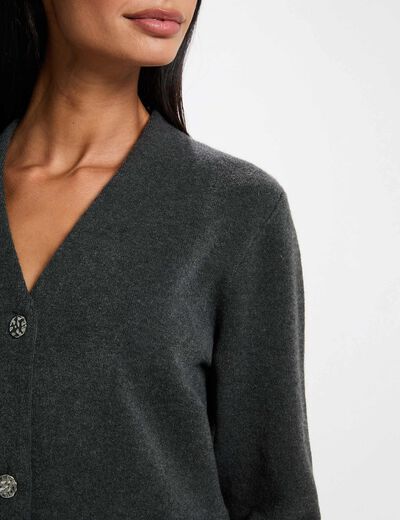 Gilet tricot col v gris fonc&eacute; femme