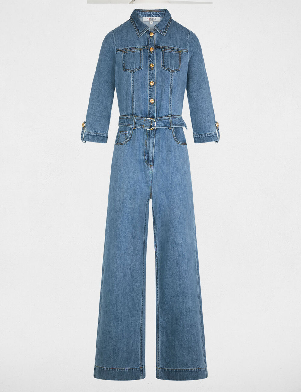 Spijker jumpsuit met wijde pijpen stone washed denim vrouw