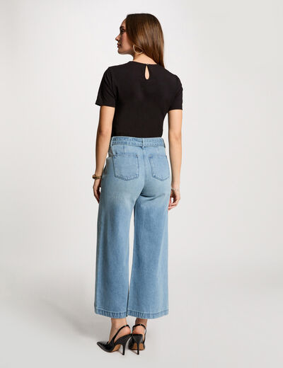 Jeans large 7/8ème ceinturé denim bleach femme