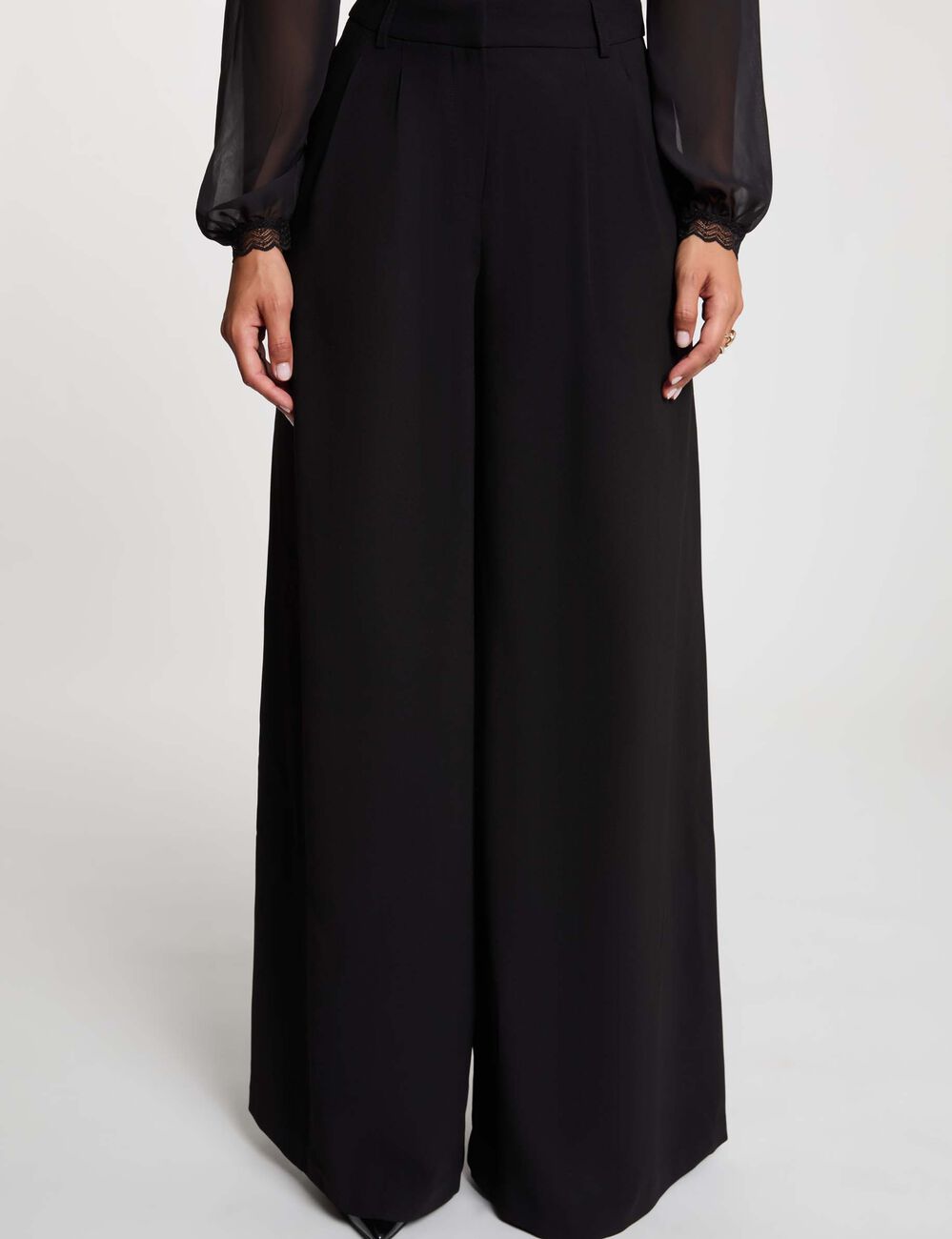 Pantalon large taille haute noir femme