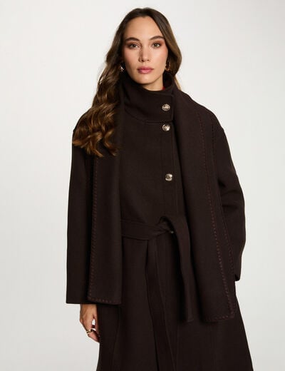 Manteau long col montant marron foncé femme