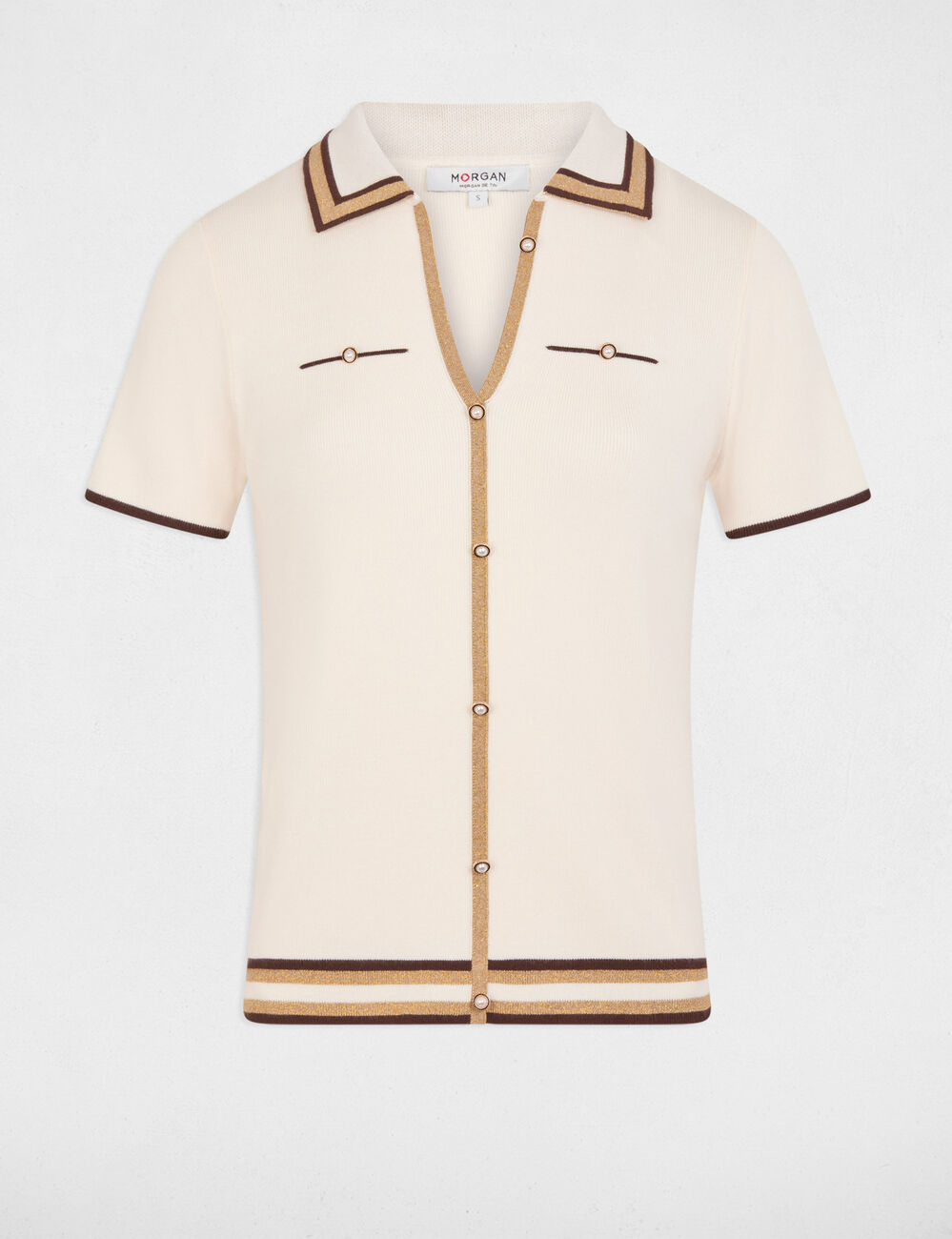 Pull col polo manches courtes ivoire femme