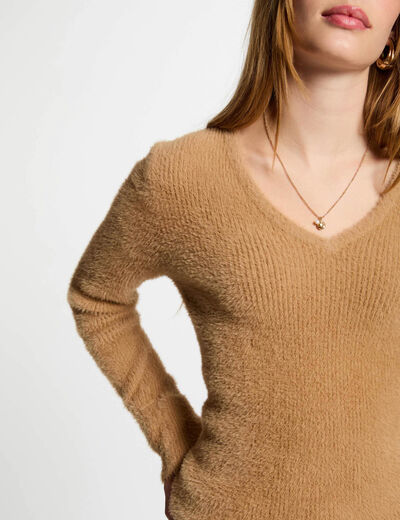 Pull manches longues maille duveteuse camel femme