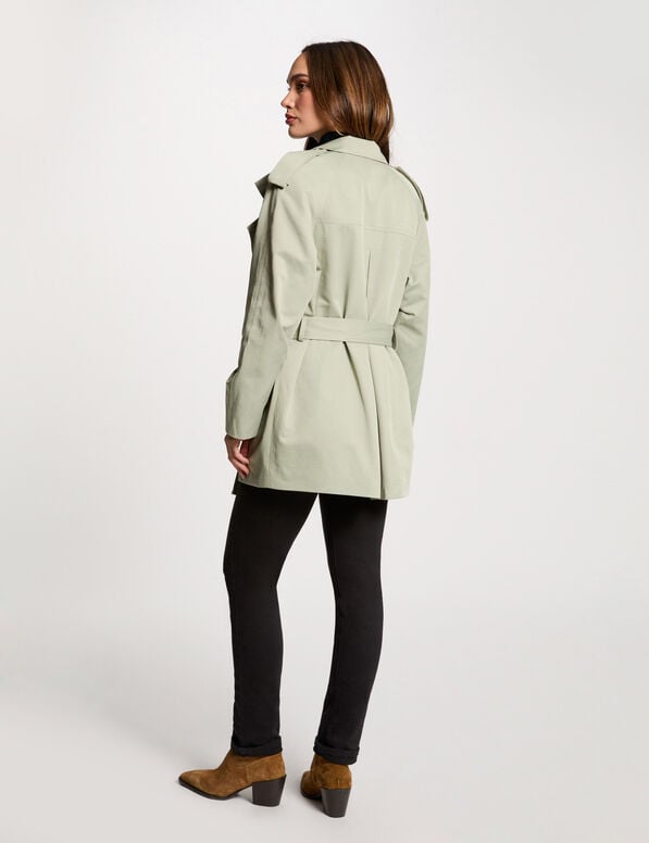 korte vloeiende trenchcoat lichtgroen vrouw Korte vloeiende trenchcoat lichtgroen vrouw