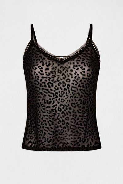 Kanten tanktop met dierenprint zwart vrouw