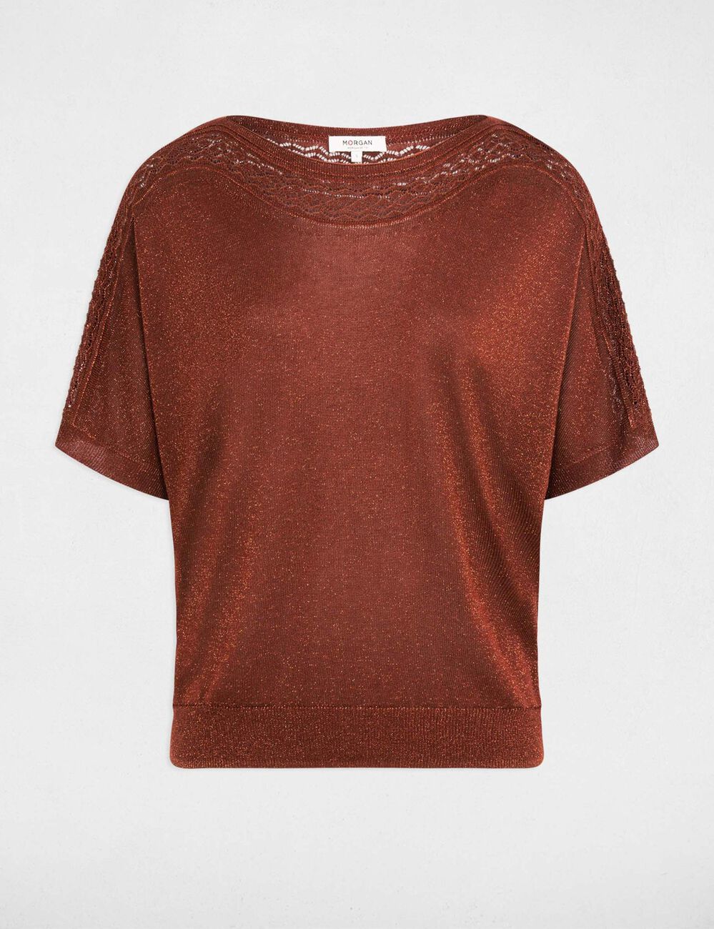 Pull oversize col v marron cognac femme