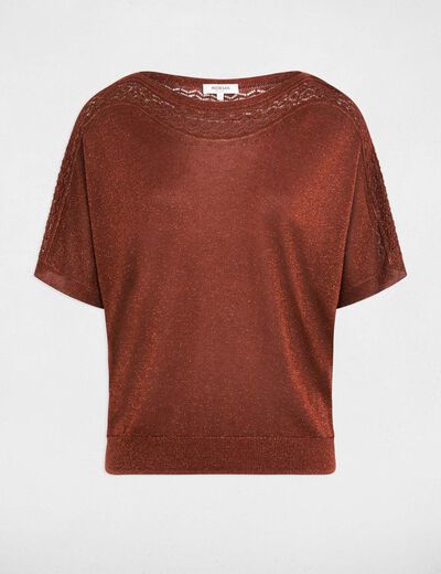 Pull oversize col v marron cognac femme