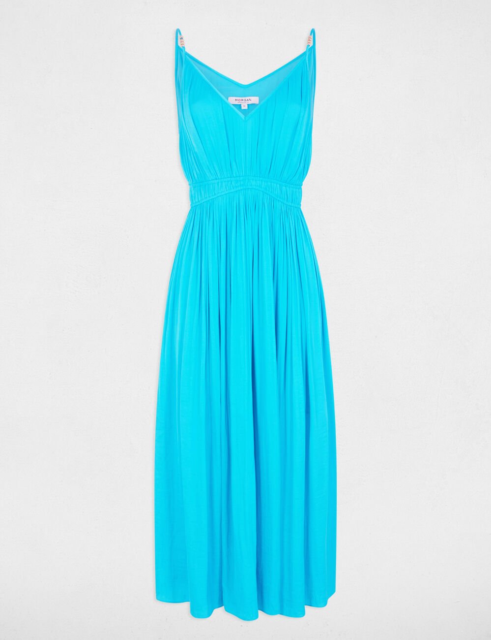 Robe midi droite pliss�e bleu ciel femme