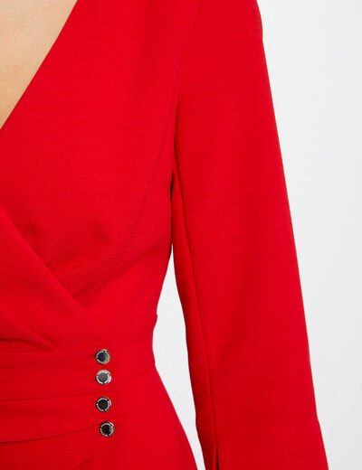 Robe portefeuille drapée manches 3/4 rouge femme
