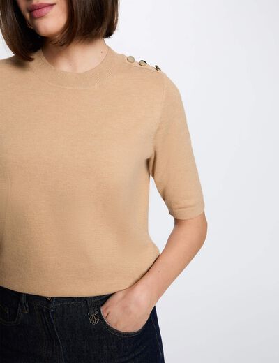 Trui ronde hals korte mouwen beige vrouw