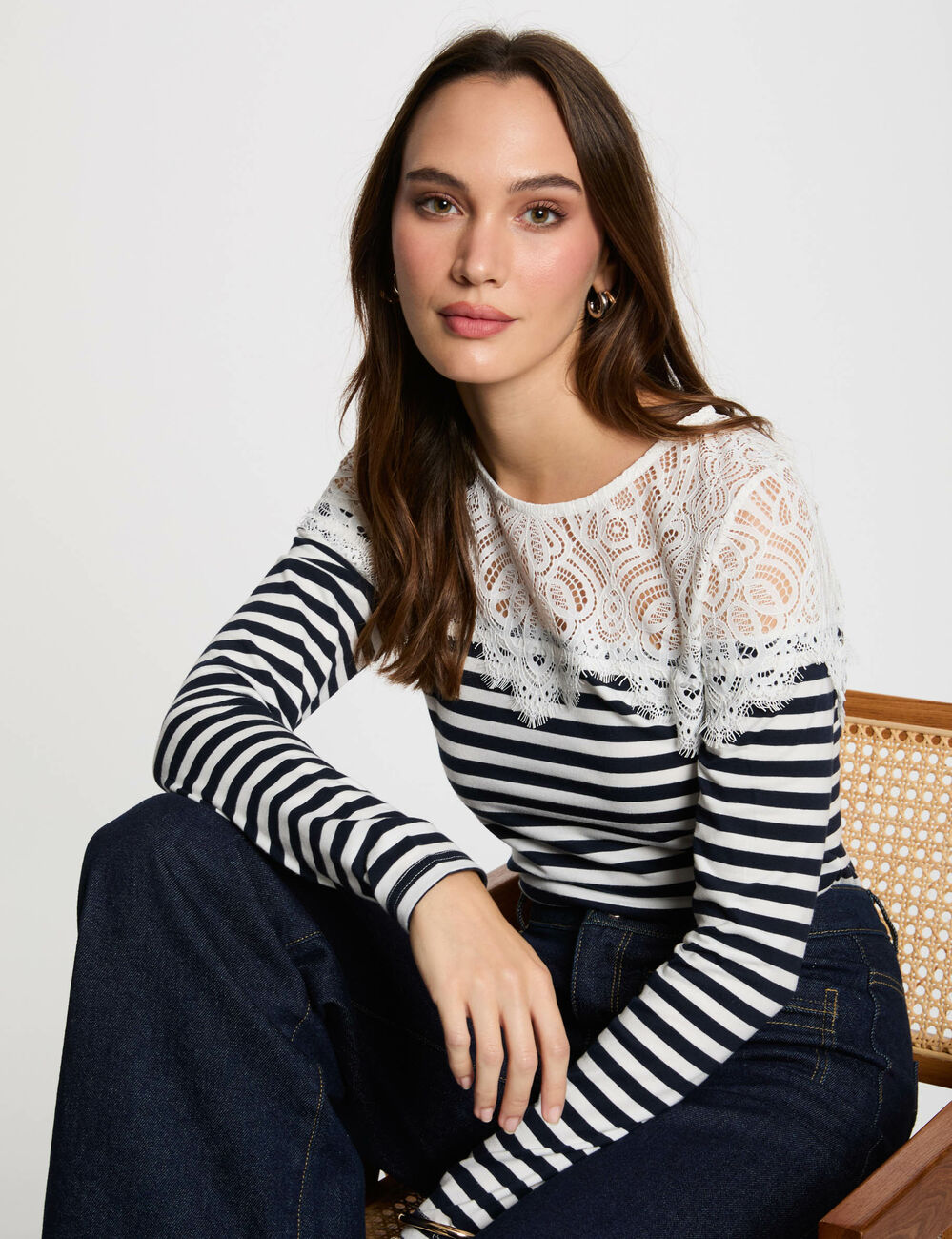 Gestreept T-shirt met lange mouwen helder wit vrouw