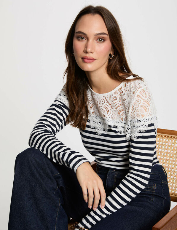 gestreept t shirt met lange mouwen helder wit vrouw Gestreept T-shirt met lange mouwen helder wit vrouw