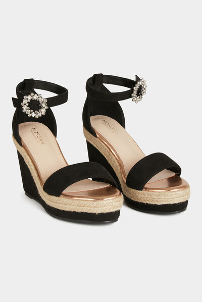 Sandales compensées à boucles strass noir femme
