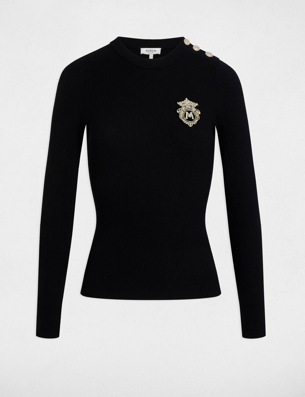 Pull col rond côtelé noir femme