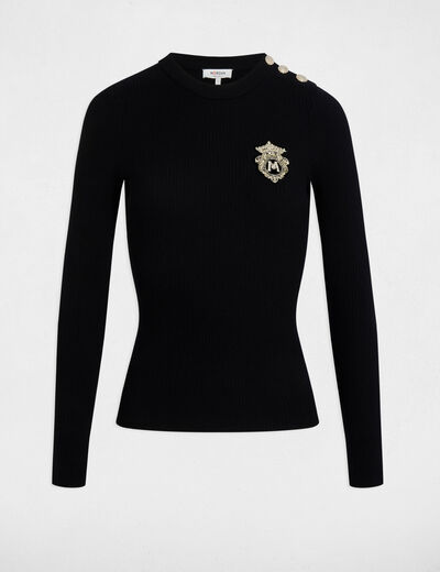 Pull col rond côtelé noir femme