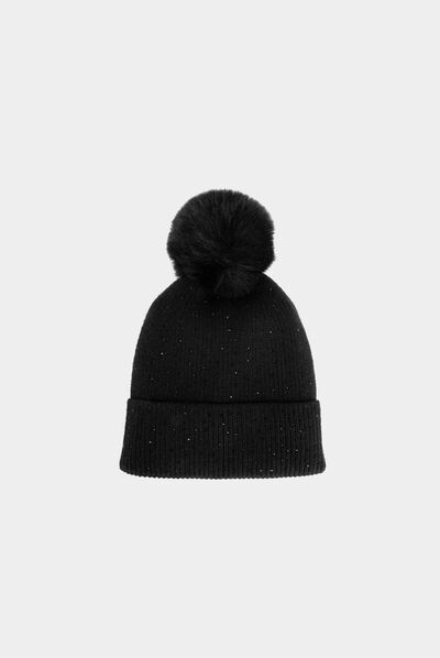 Bonnet avec strass et pompon noir femme