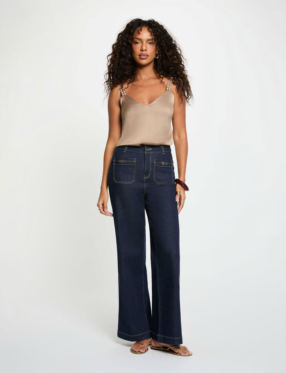 Top satin &agrave; bretelles taupe femme
