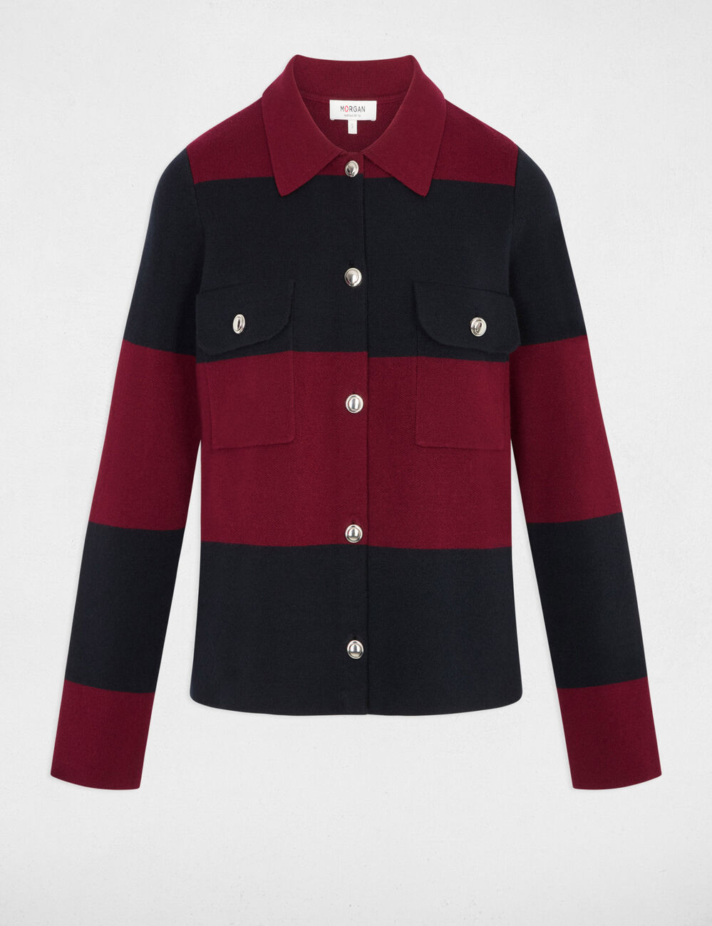 Pull col revers ray&eacute; bordeaux femme