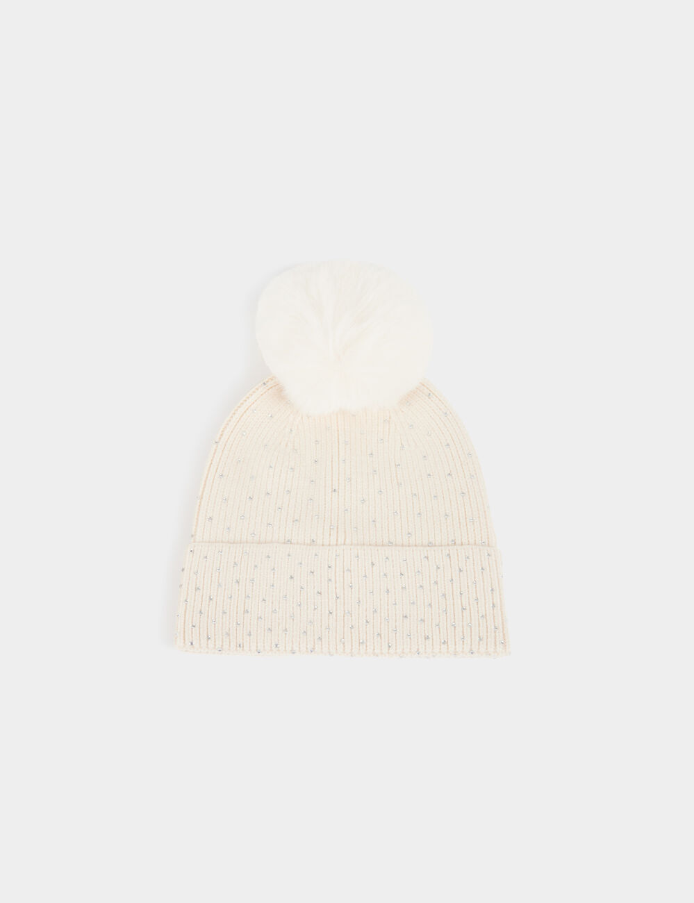 Bonnet avec strass et pompon ivoire femme