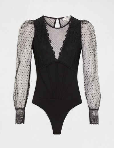 Body manches longues en plumetis noir femme