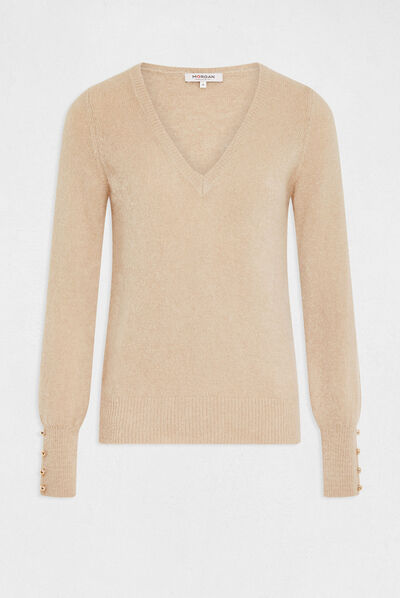 Trui met lange mouwen en V-hals beige vrouw