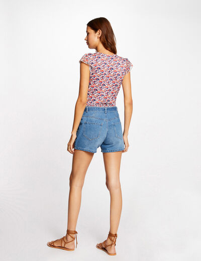 T-shirt korte mouwen en bloemenmotief roze vrouw