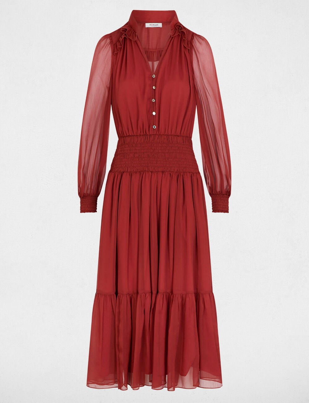 Robe longue col v orange fonc&eacute; femme