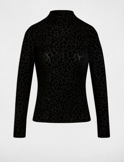 T-shirt met hoge kraag en luipaardprint zwart vrouw