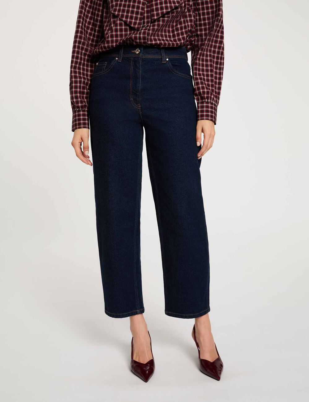 Hoge taille rechte jeans ruw denim vrouw
