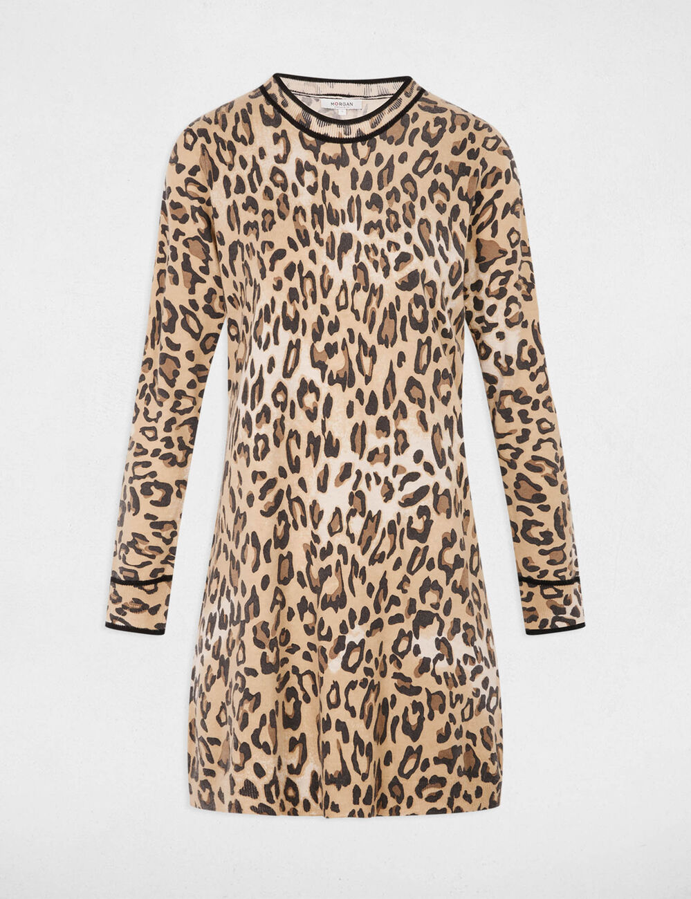 Robe tricot imprim&eacute; animalier beige femme