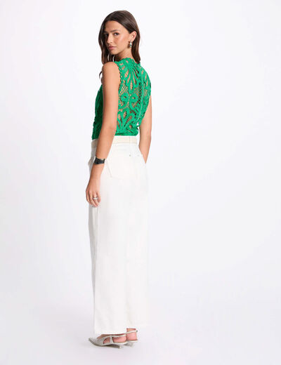 Mouwloze kanten top met print emerald groen vrouw