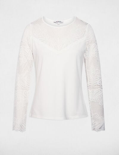 T-shirt dentelle manches longues blanc femme